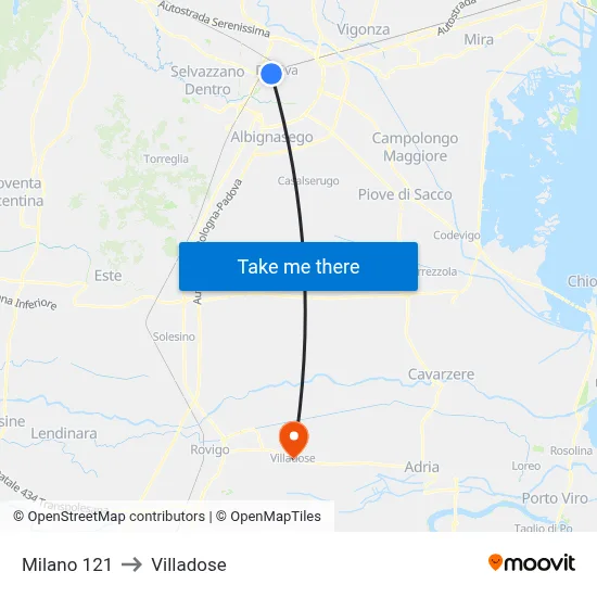 Milano 121 to Villadose map