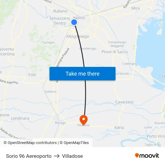 Sorio 96 Airport to Villadose map