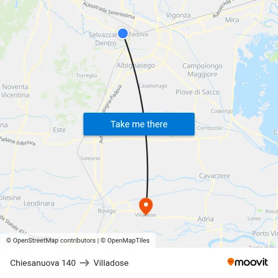 Chiesanuova 140 to Villadose map