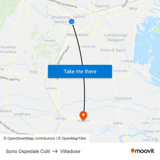 Sorio Colli Hospital to Villadose map
