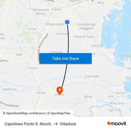 Ponte San Nicolo Terminal to Villadose map