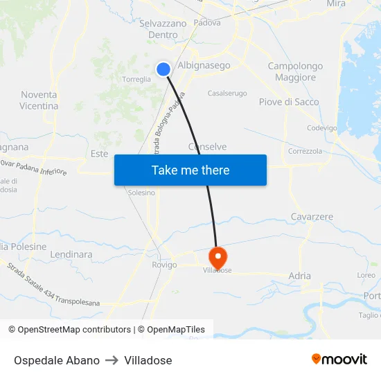 Abano Hospital to Villadose map
