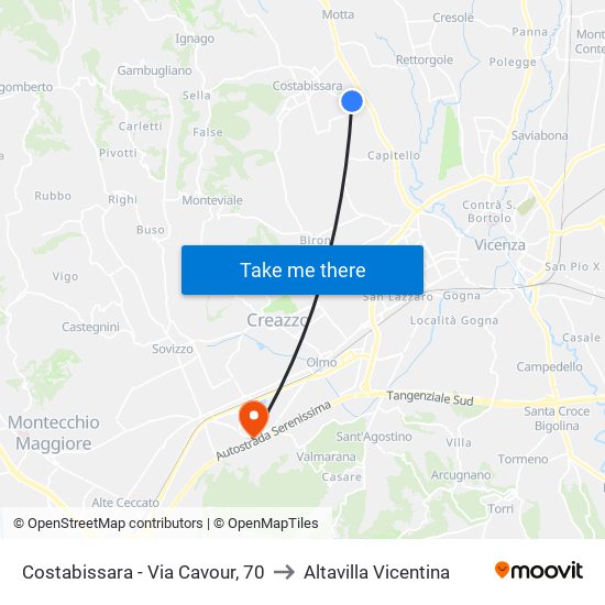 Costabissara - Via Cavour, 70 to Altavilla Vicentina map