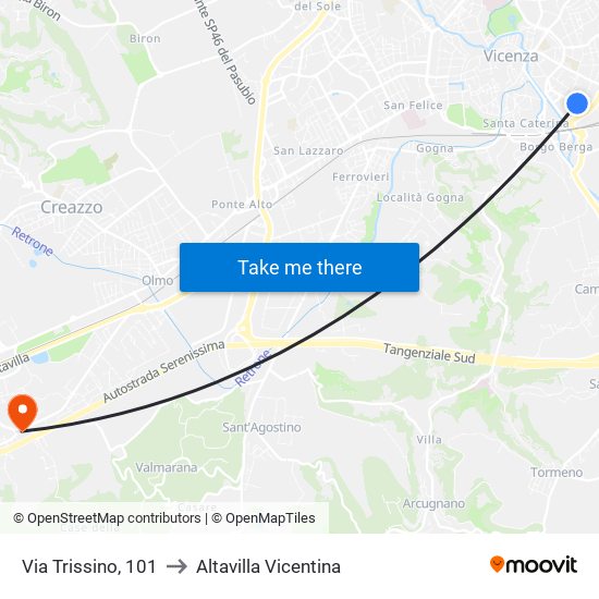 Via Trissino, 101 to Altavilla Vicentina map