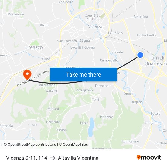 Vicenza Sr11, 114 to Altavilla Vicentina map