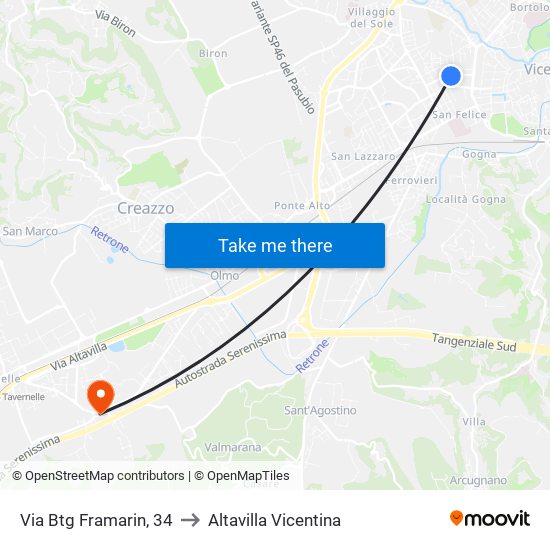 Via Btg Framarin, 34 to Altavilla Vicentina map