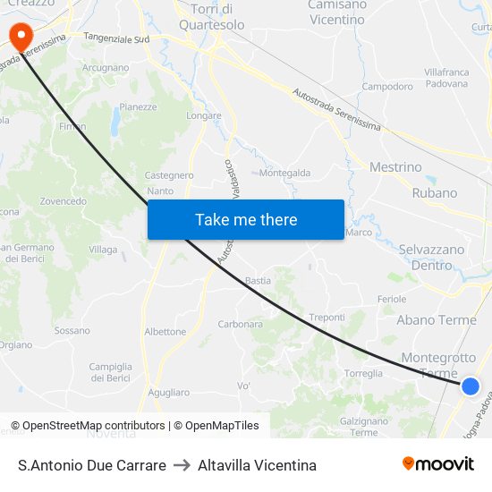 S.Antonio Due Carrare to Altavilla Vicentina map