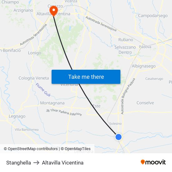 Stanghella to Altavilla Vicentina map