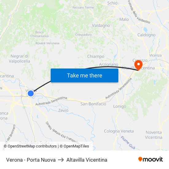 Verona - Porta Nuova to Altavilla Vicentina map