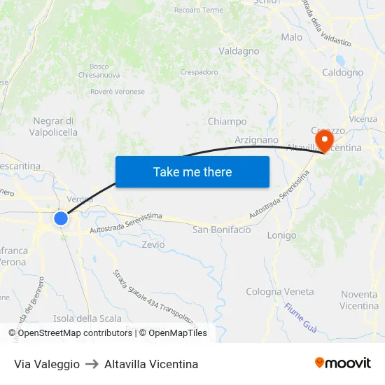 Valeggio Street to Altavilla Vicentina map