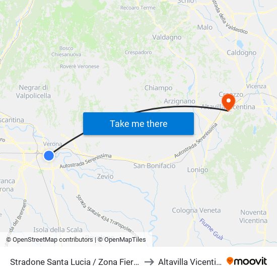 Stradone Santa Lucia / Zona Fiera B to Altavilla Vicentina map