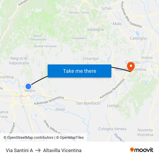 Via Santini A to Altavilla Vicentina map