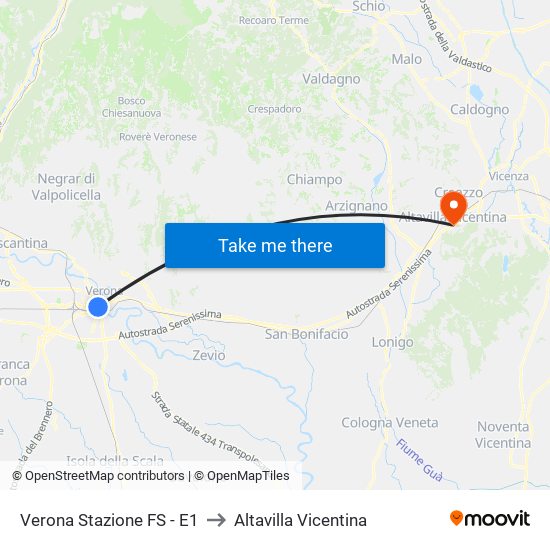 Verona Stazione FS - E1 to Altavilla Vicentina map