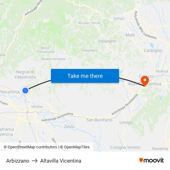 Arbizzano to Altavilla Vicentina map