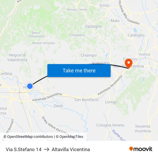 Via S.Stefano 14 to Altavilla Vicentina map