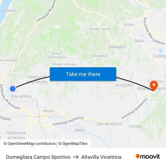 Domegliara Campo Sportivo to Altavilla Vicentina map