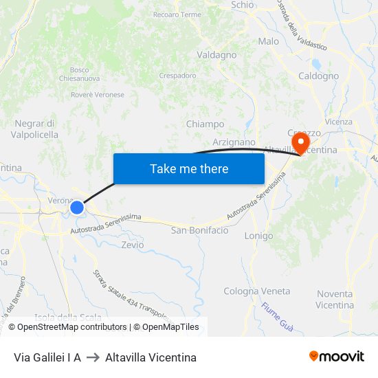 Via Galilei I A to Altavilla Vicentina map