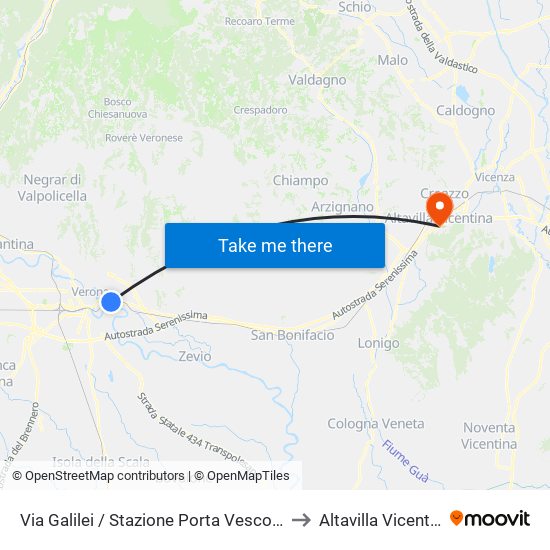 Via Galilei / Stazione Porta Vescovo A to Altavilla Vicentina map