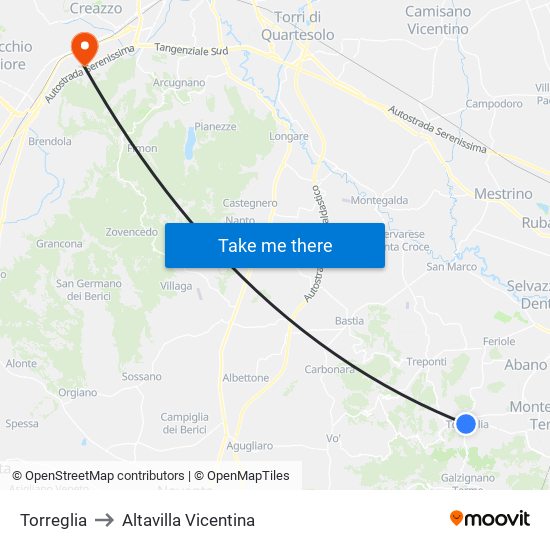 Torreglia to Altavilla Vicentina map