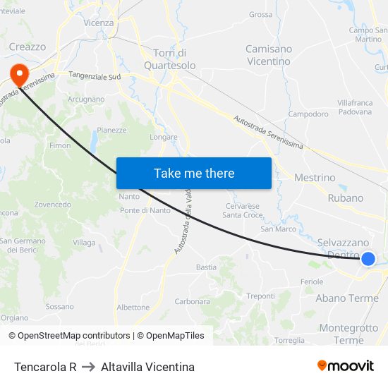 Tencarola R to Altavilla Vicentina map