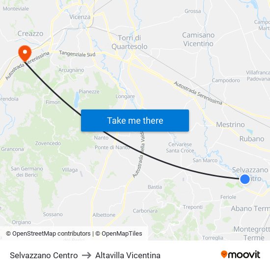 Selvazzano Centro to Altavilla Vicentina map