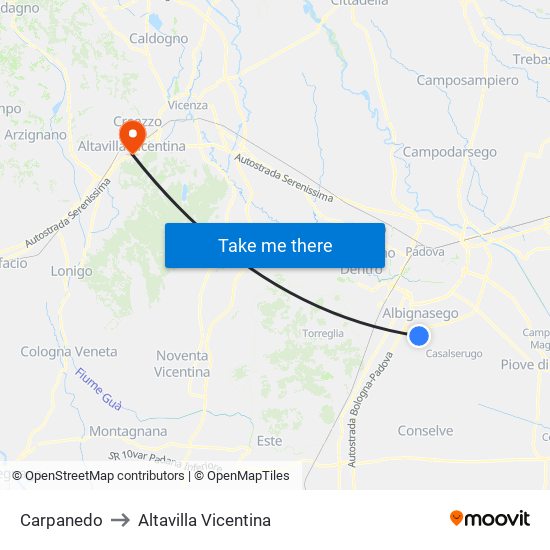 Carpanedo to Altavilla Vicentina map