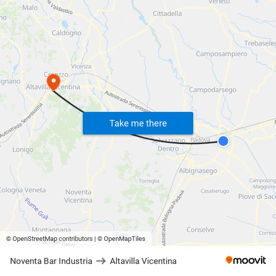 Noventa Bar Industria to Altavilla Vicentina map