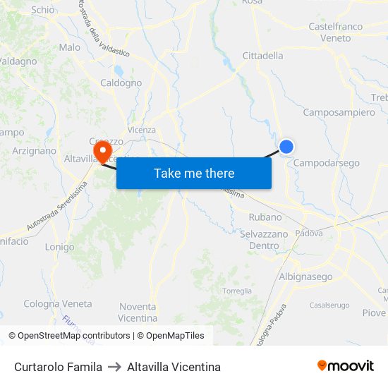 Curtarolo Famila to Altavilla Vicentina map