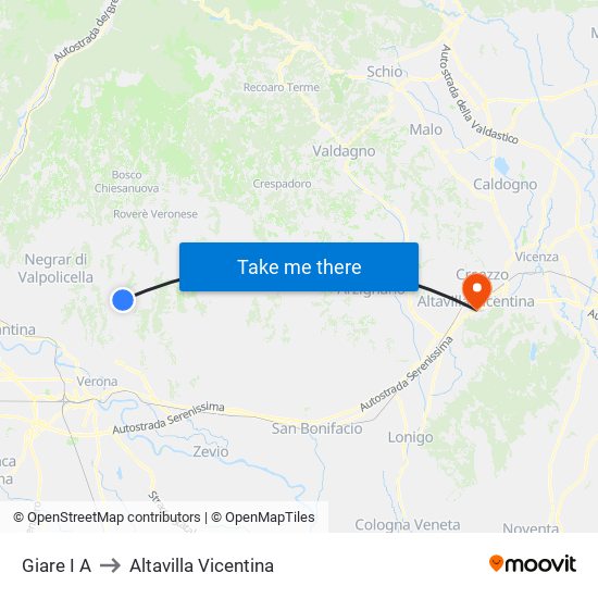 Giare I A to Altavilla Vicentina map