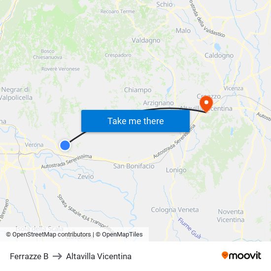 Ferrazze B to Altavilla Vicentina map