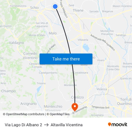 Via Lago Di Albano 2 to Altavilla Vicentina map