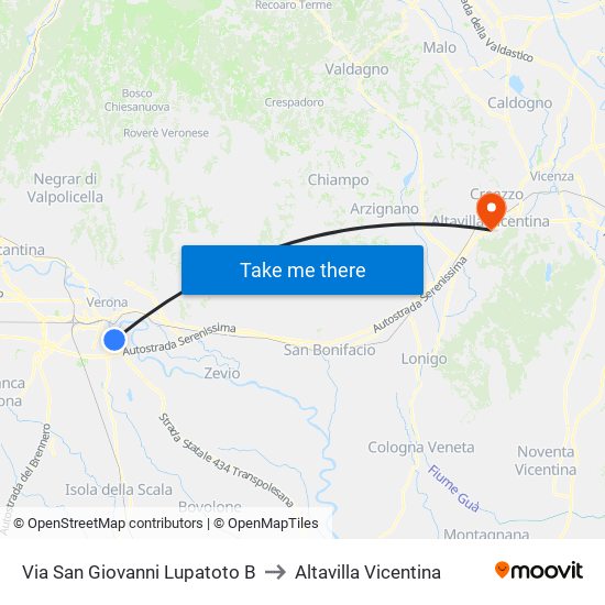 Via San Giovanni Lupatoto B to Altavilla Vicentina map
