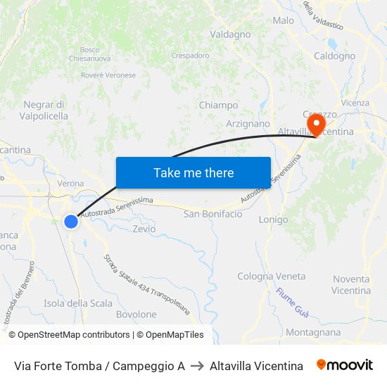 Via Forte Tomba / Campeggio A to Altavilla Vicentina map