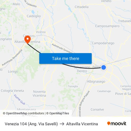 Venezia 104 (Ang. Via Savelli) to Altavilla Vicentina map