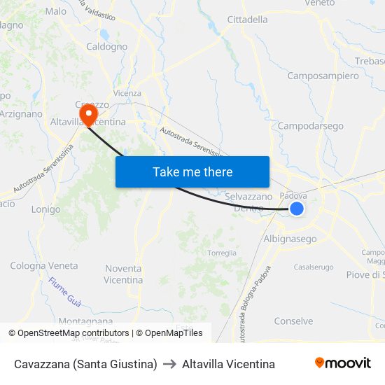 Cavazzana (Santa Giustina) to Altavilla Vicentina map