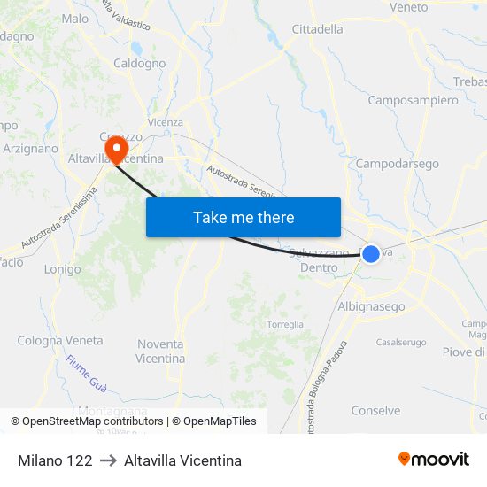 Milano 122 to Altavilla Vicentina map