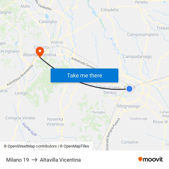 Milano 19 to Altavilla Vicentina map