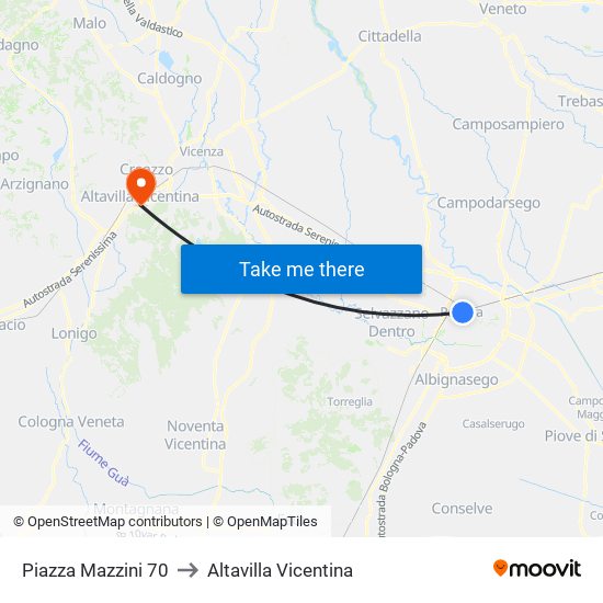 Piazza Mazzini 70 to Altavilla Vicentina map