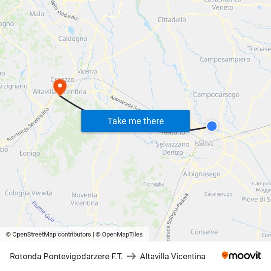 Rotonda Pontevigodarzere F.T. to Altavilla Vicentina map