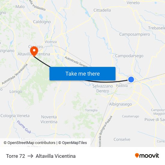 Torre 72 to Altavilla Vicentina map