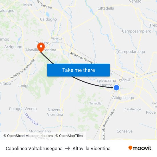 Capolinea Voltabrusegana to Altavilla Vicentina map