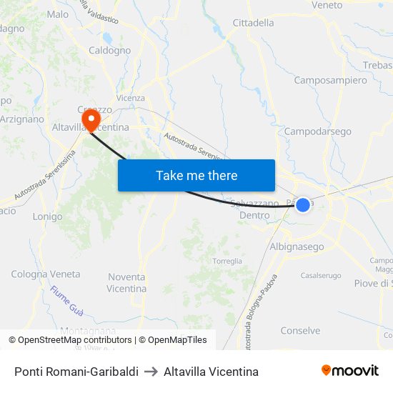 Ponti Romani-Garibaldi to Altavilla Vicentina map
