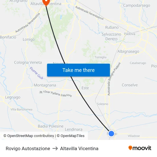 Rovigo Bus Station to Altavilla Vicentina map