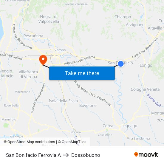 San Bonifacio Ferrovia A to Dossobuono map