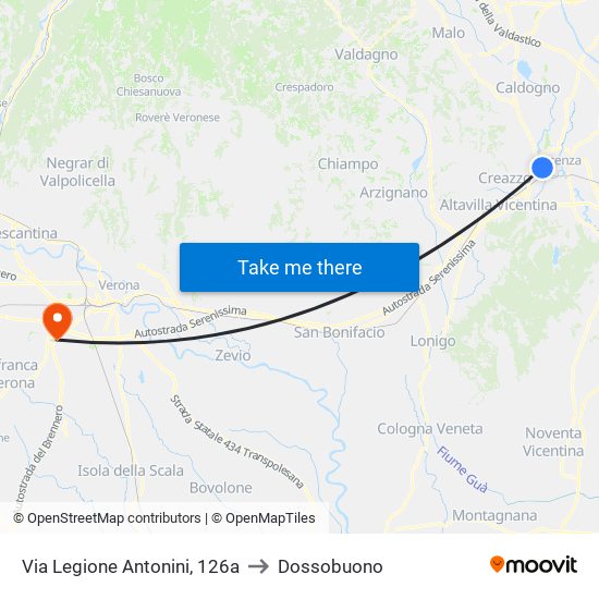 Via Legione Antonini, 126a to Dossobuono map