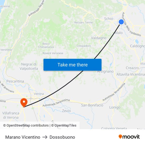 Marano Vicentino to Dossobuono map