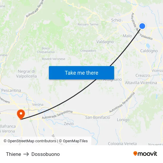 Thiene to Dossobuono map