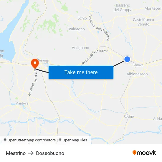 Mestrino to Dossobuono map