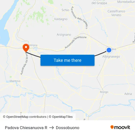 Padova Chiesanuova R to Dossobuono map