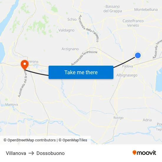 Villanova to Dossobuono map